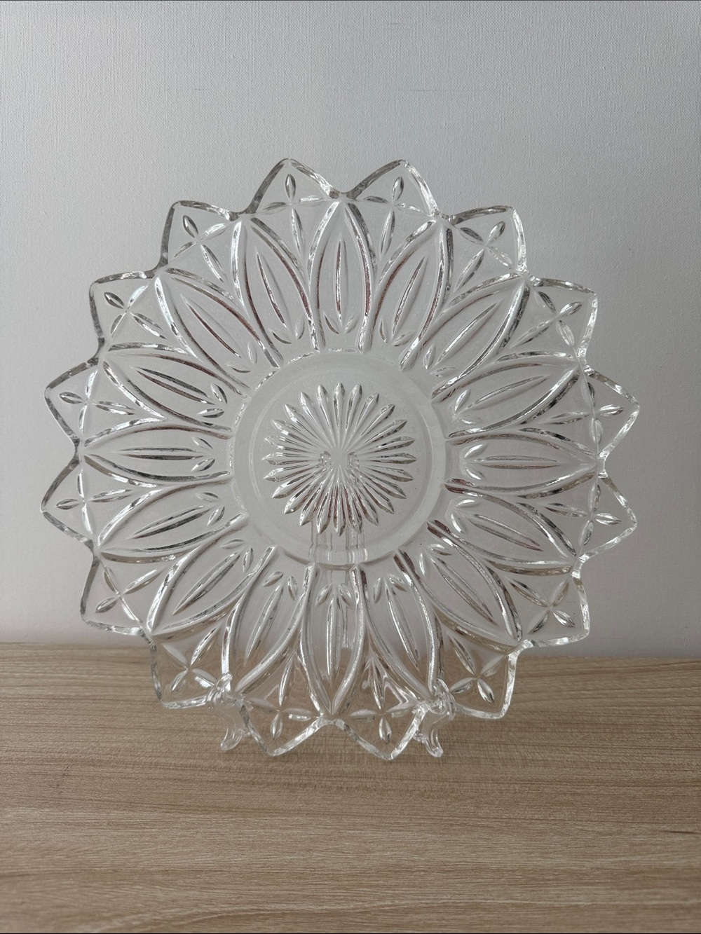 Vintage Clear Pressed Glass Pedestal Plate 11.5” Sunburst Floral Pattern